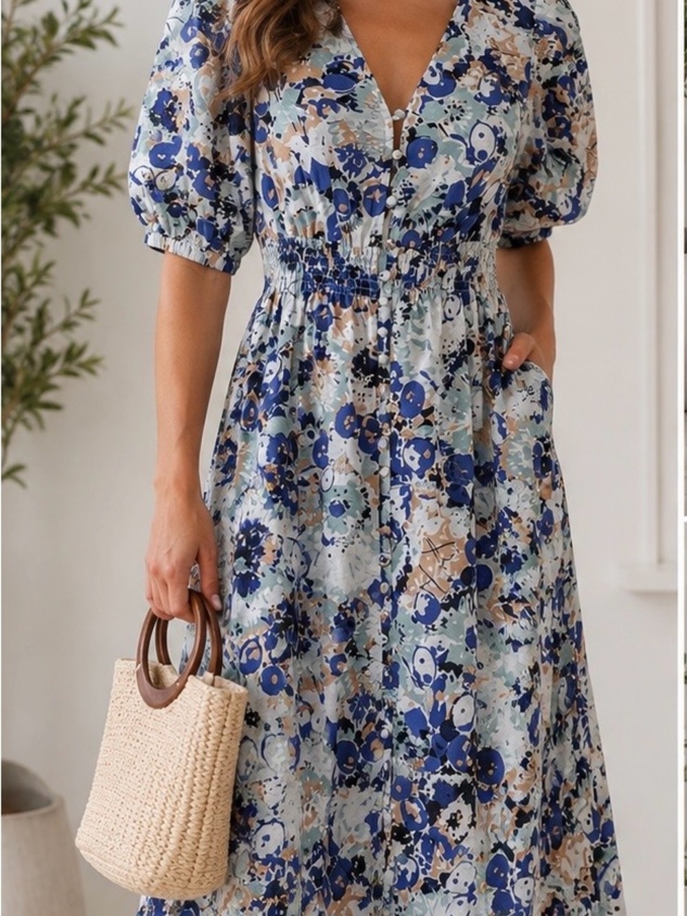 Tuckernuck Blue and Tan Floral Puff-Sleeve Maxi Dress